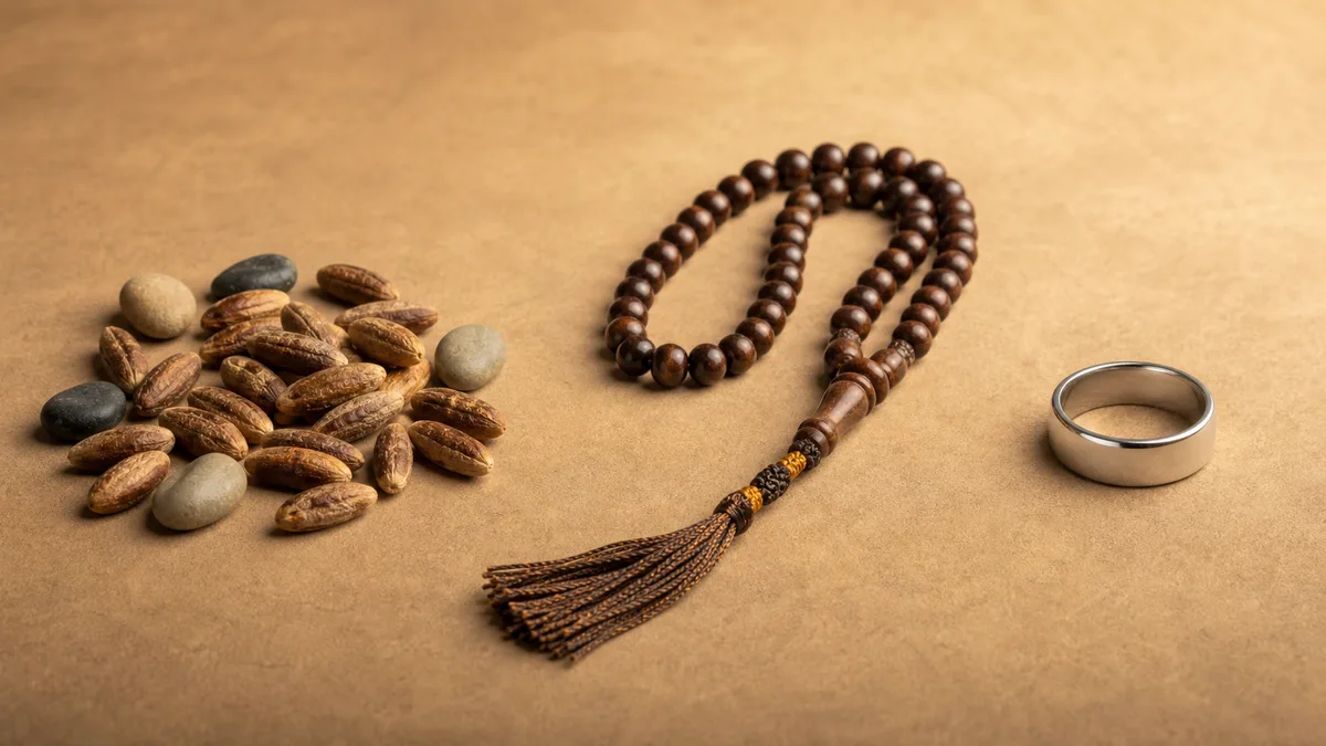 Date pits, pebbles, misbaha beads, and a silver smart tasbih ring arranged in historical order