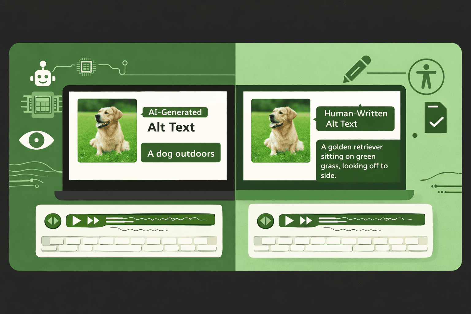 comparison of machine-generated and human-written alt text