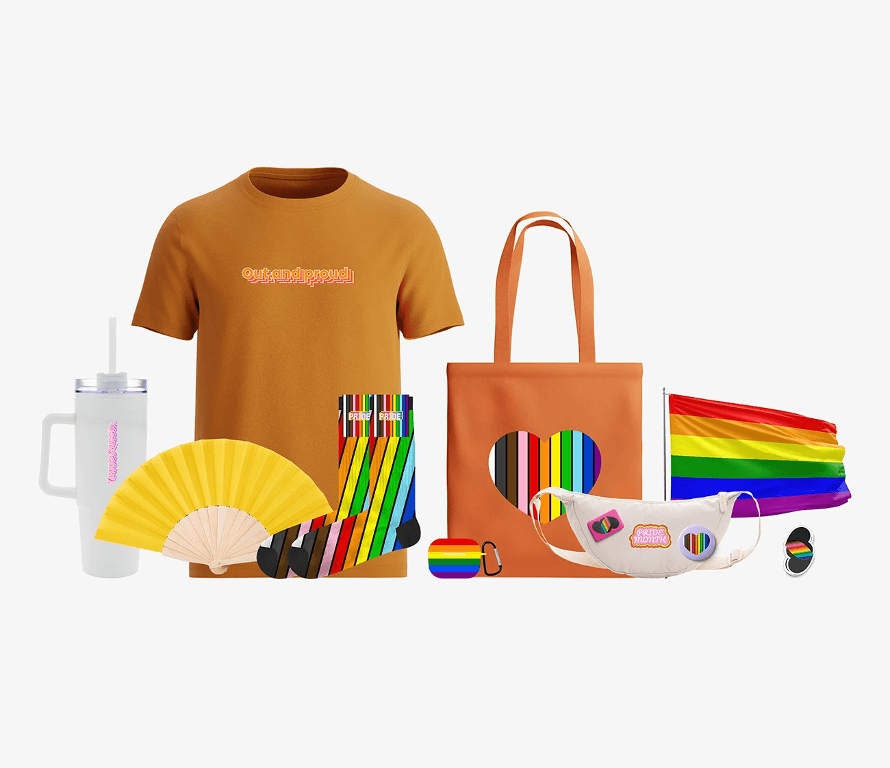A collection of rainbow-themed pride items including a tumbler, T-shirt, tote bag, socks, fan, flag, fanny pack, and pins