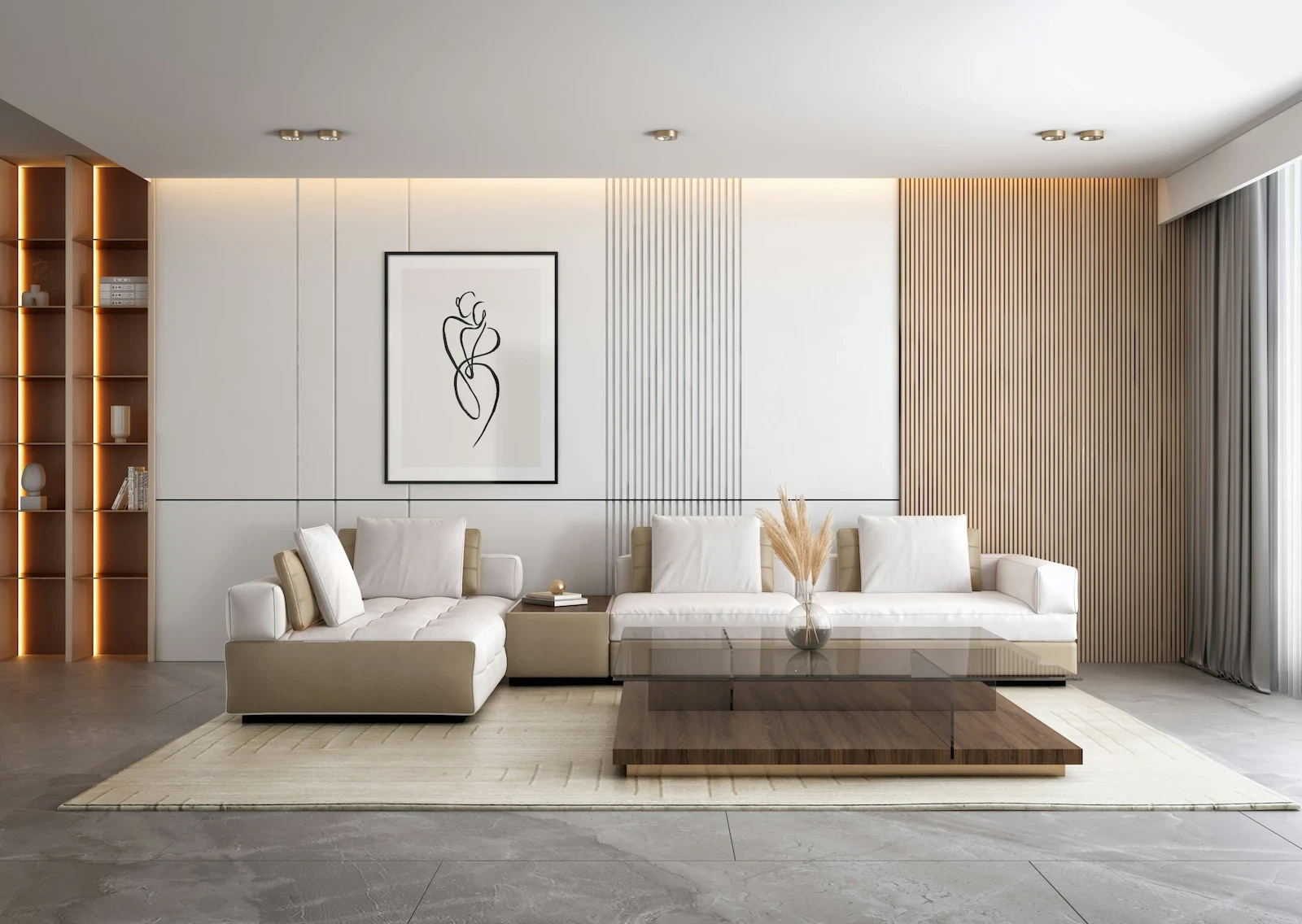 Living room with white and wood tones