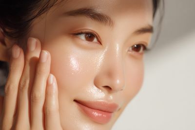 Woman with oily skin touching her face