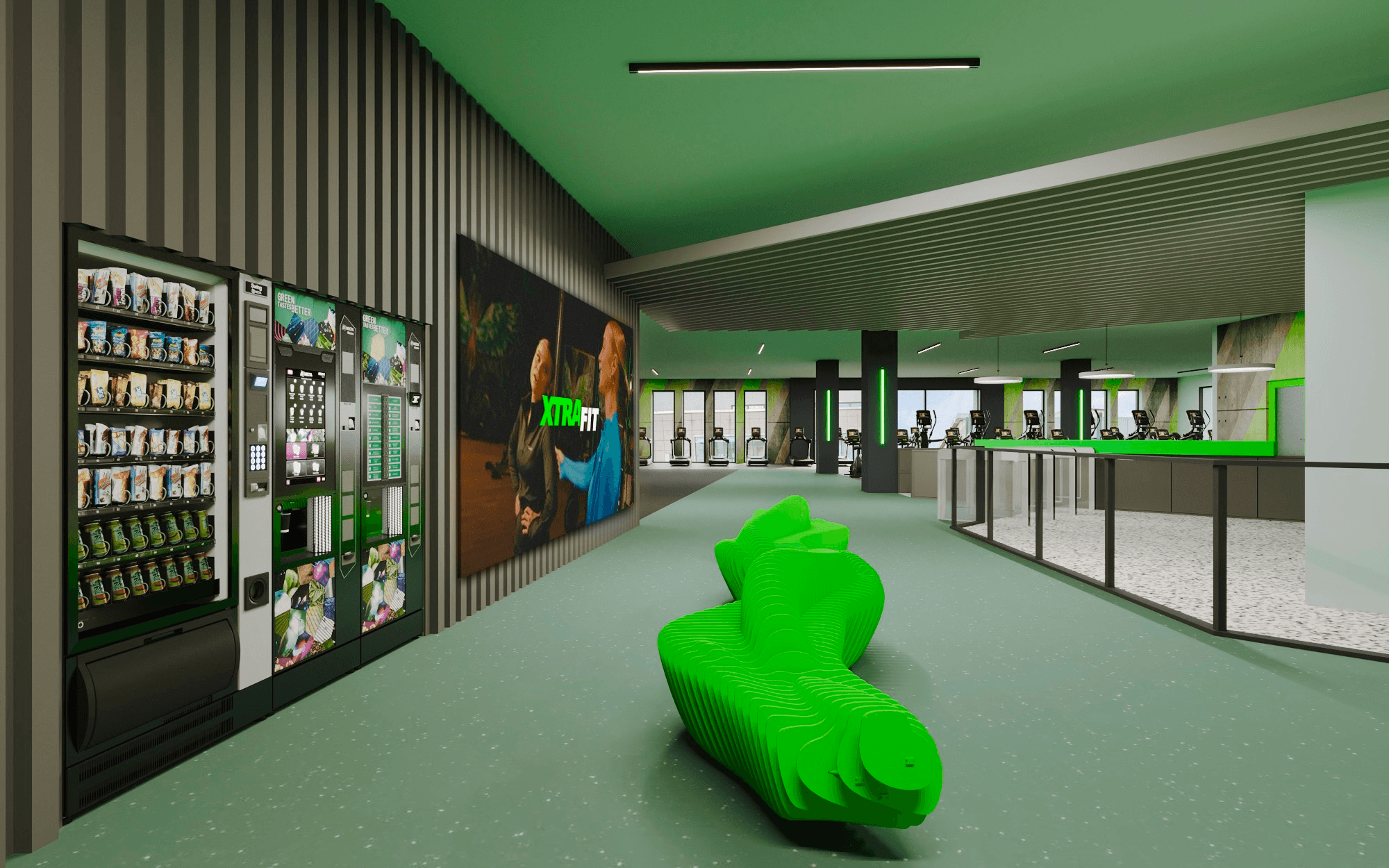 Neonbeleuchteter Kursraum im XTRAFIT Fitnessstudio mit hexagonalen Mustern und moderner Bühne.
