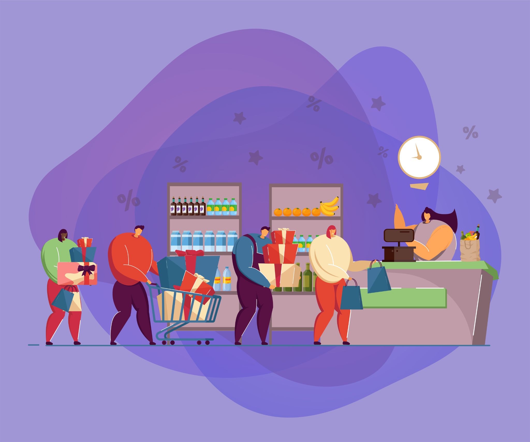 Illustration of shoppers with gift boxes and bags queuing at a store checkout counter