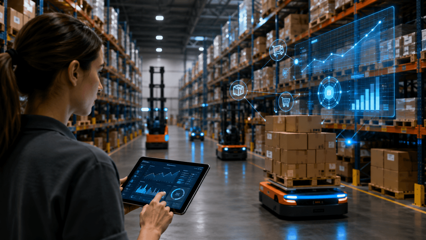 Centro de distribuição moderno em estilo realista 3D, com corredores altos de estoque, caixas organizadas em prateleiras industriais e robôs autônomos movimentando pallets. Em primeiro plano, uma profissional analisa dados em um tablet enquanto interfaces holográficas exibem gráficos de previsão de demanda, reposição automática de estoque e indicadores logísticos. Ambiente tecnológico, iluminação industrial sofisticada e clima de automação avançada para operações B2B em 2026.
