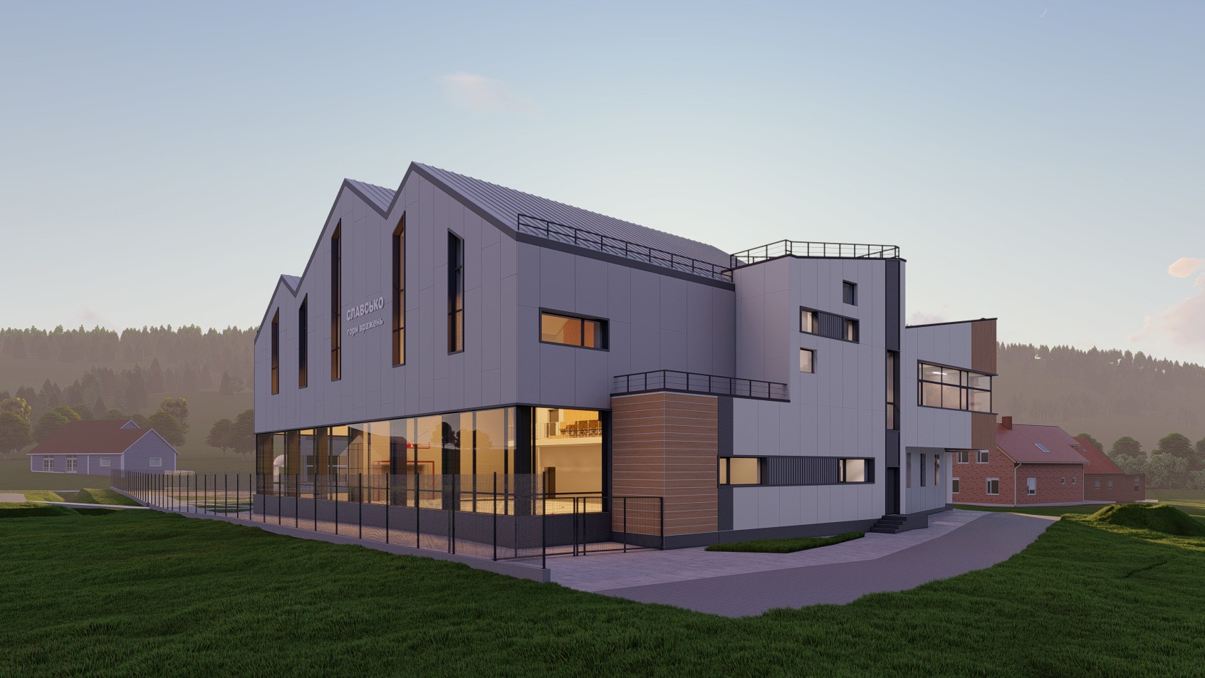3D visualization of the architectural project of a school with a shelter.