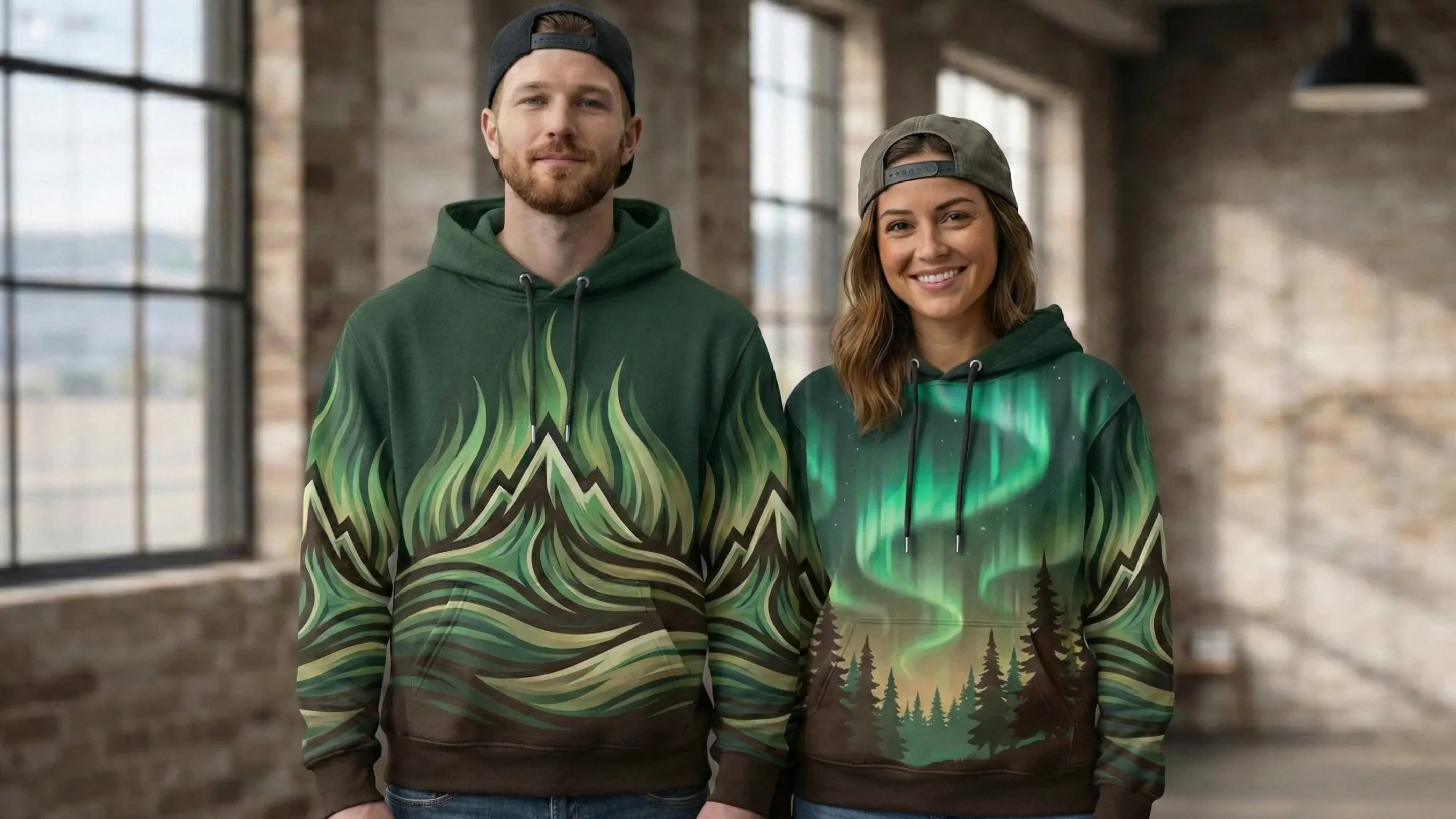 "A man and woman modeling forest green hoodies that feature a vibrant, illustrative graphic of a mountain range under the aurora borealis.