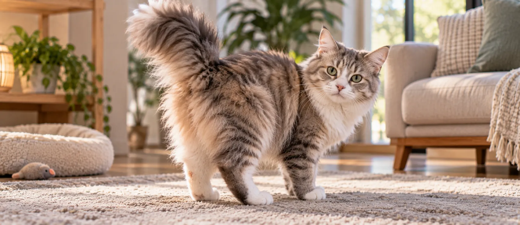 Two tabby cats stand together on a rug in a living room.