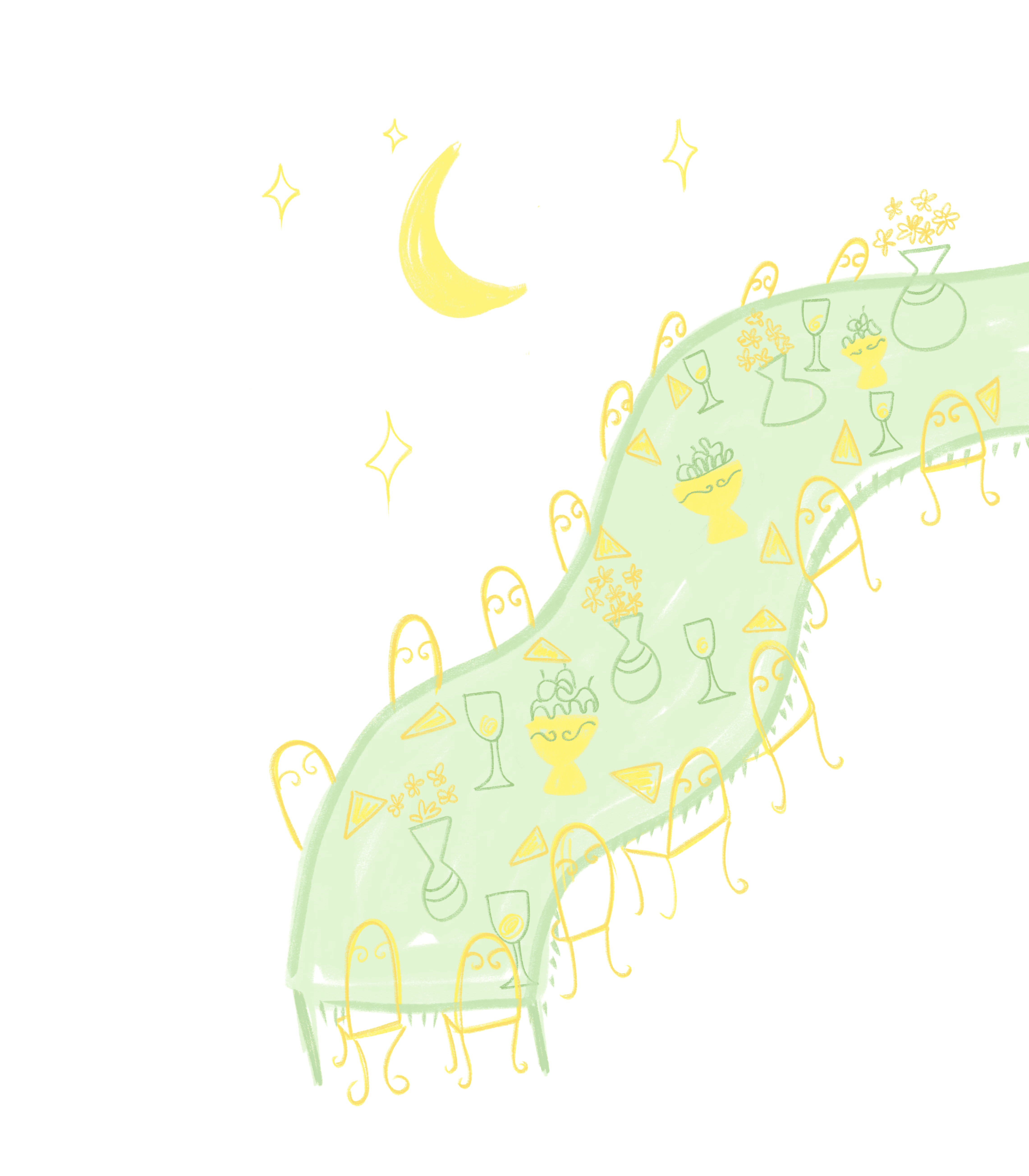 A beautifully set dining table with white tablecloth, cutlery, and fresh greenery in a cozy, well-lit space.