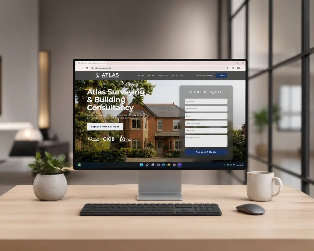 Atlas Surveying homepage displayed on a desktop computer in a modern office.