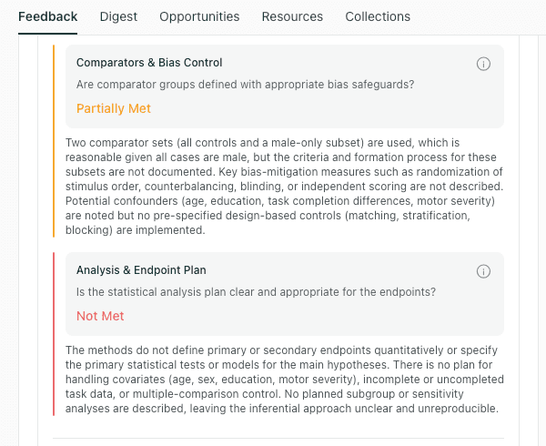 thesify Methods rubric showing Comparators and Bias Control plus Analysis and Endpoint Plan with rubric ratings