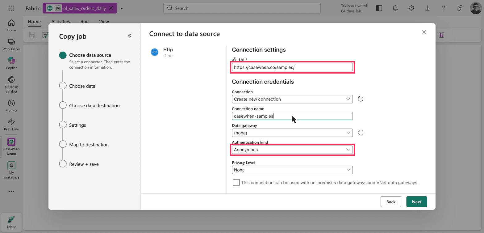 Connect to data source dialog for the Http connector, with the Url field set to https://casewhen.co/samples/ and Authentication kind set to Anonymous, both outlined