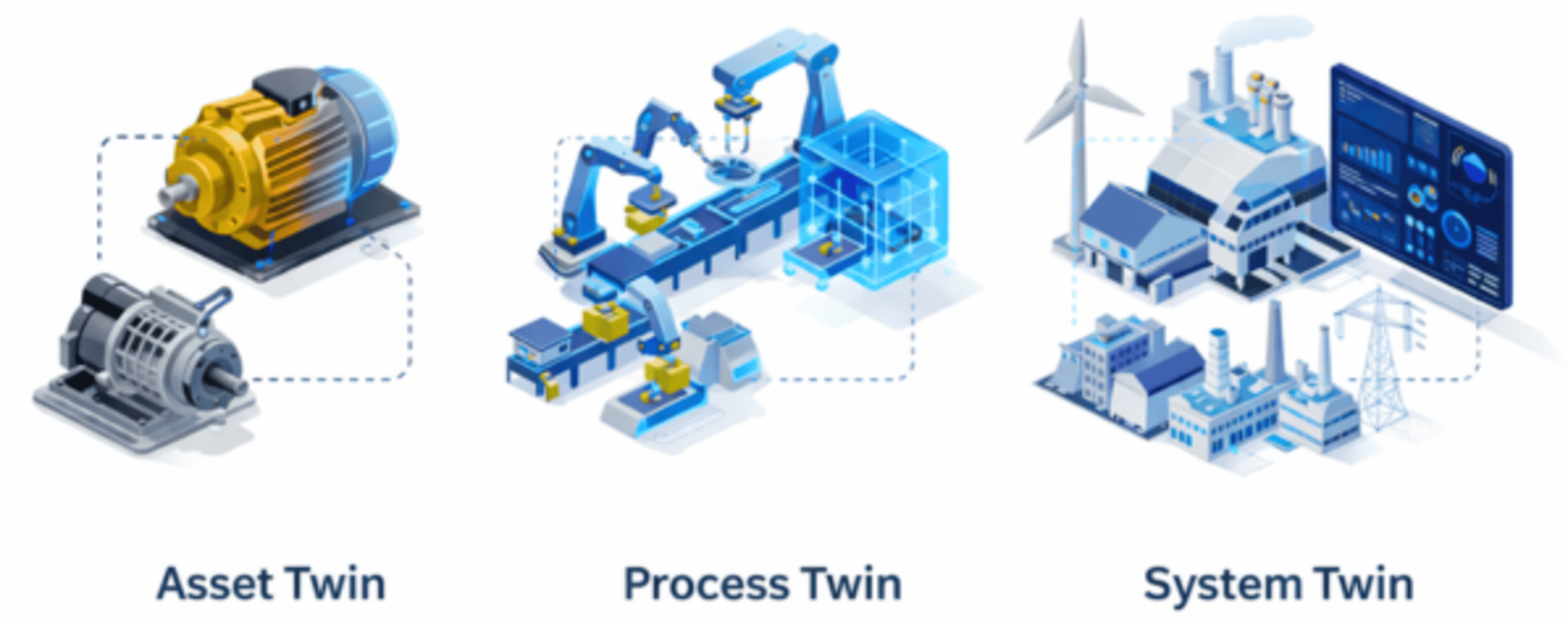 Types of digital twins, examples of asset twin, process twin and system twin for industry