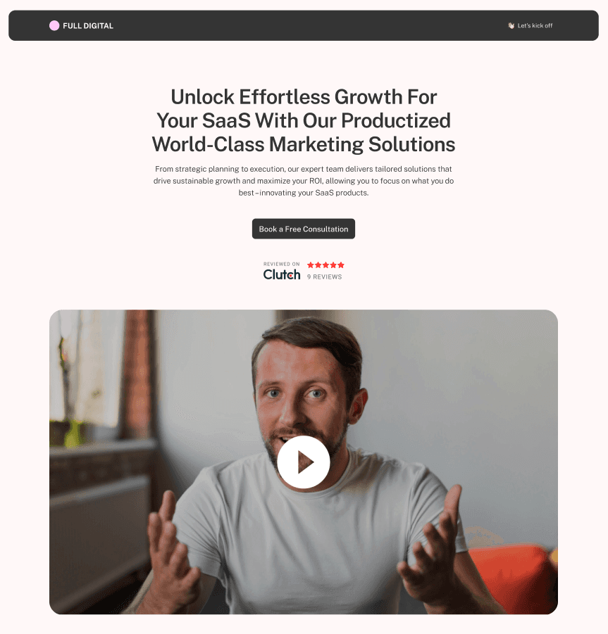 Compelling SaaS marketing hero section featuring a strong headline about "Unlocking Effortless Growth", backed by social proof (Clutch reviews) and video content. Dark/light contrast with clear CTA creates visual hierarchy and drives conversions.