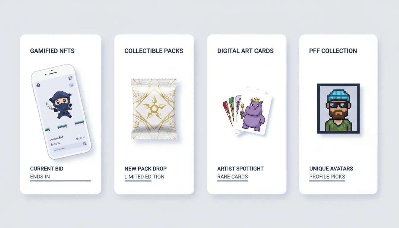 A clean light mode UI design for an NFT marketplace, presented as four vertical cards in a row on a plain background. The first card shows a smartphone mockup with an anime-style chibi ninja game interface. The second card features a digital NFT trading card pack with a golden shuriken. The third card displays a stack of collectible cards with a cartoon purple hippo on top. The fourth card showcases a single crypto-punk style pixel art avatar of a man with a beard and a blue beanie. The UI uses a minimalist layout with dark blue abstracted text lines for headers on each card.