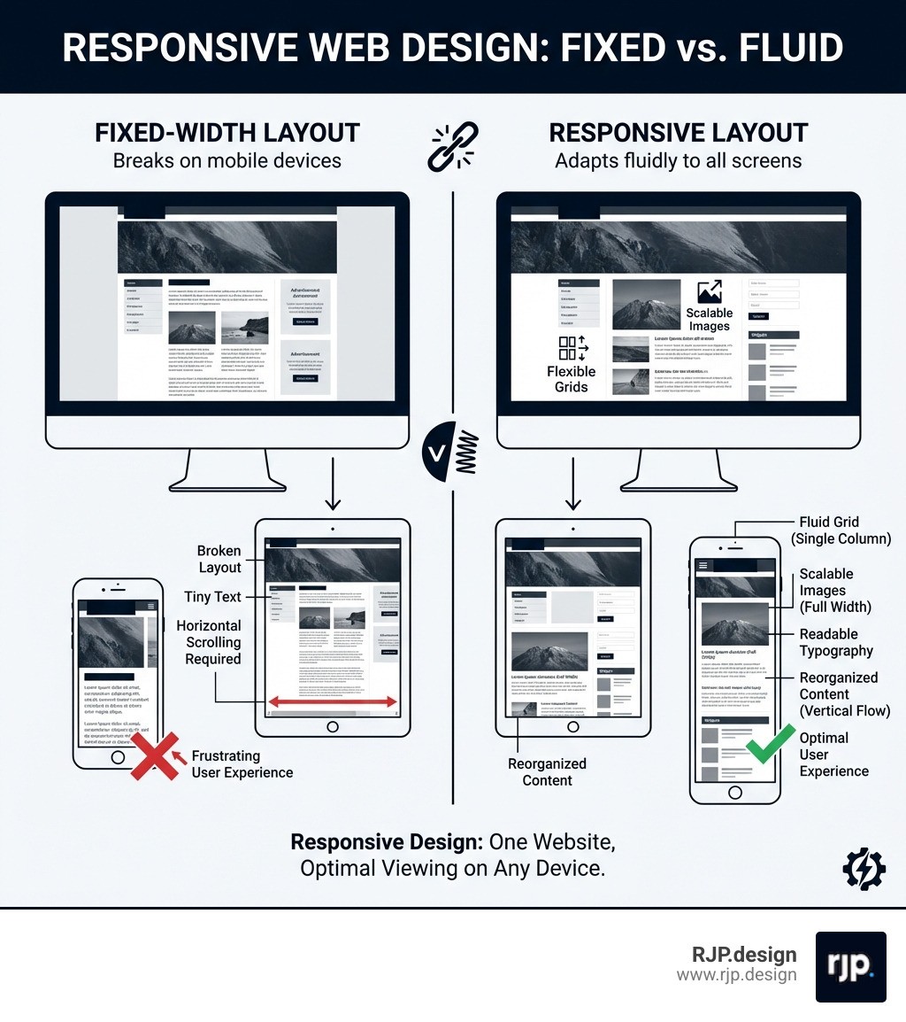 Infographic showing the difference between a fixed-width layout that breaks on mobile devices versus a responsive layout that adapts fluidly to desktop, tablet, and smartphone screens with flexible grids, scalable images, and reorganized content - responsive web design with html5 and css3 infographic