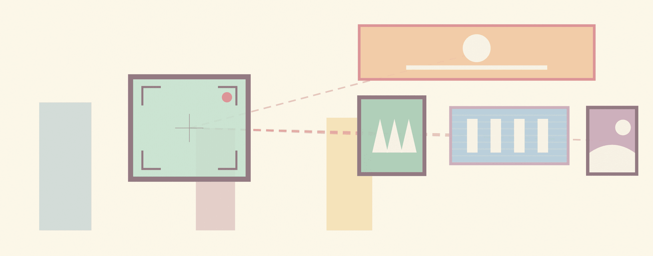Flat pastel hub-and-spoke on cream: one central capture frame with dashed lines radiating to a wide billboard, a vertical shelter, a square digital screen and a phone social cut — one production feeding every outdoor format. Raised Media Co.