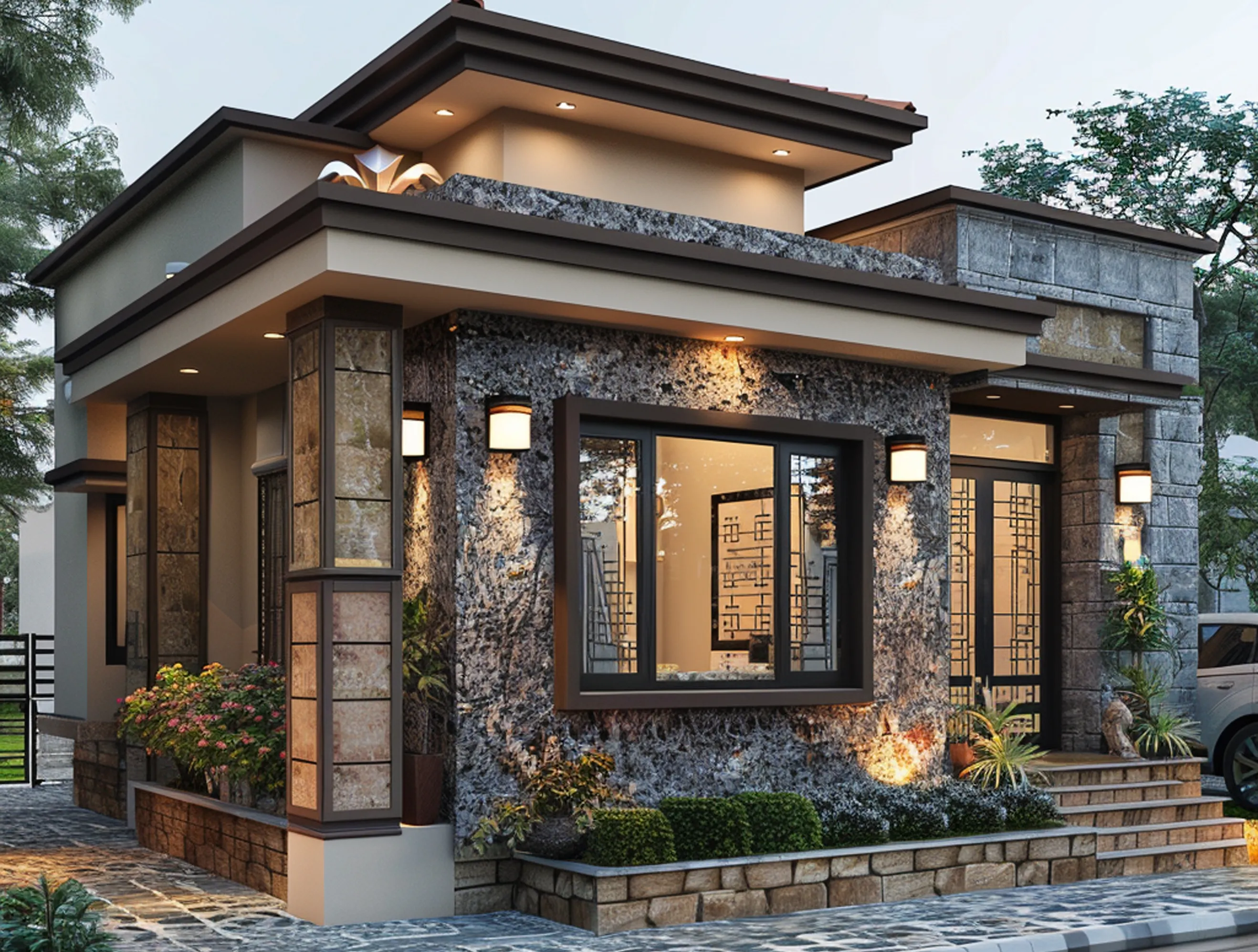 Exterior view of a luxurious two-story modern house featuring stone accents and elegant warm outdoor lighting.