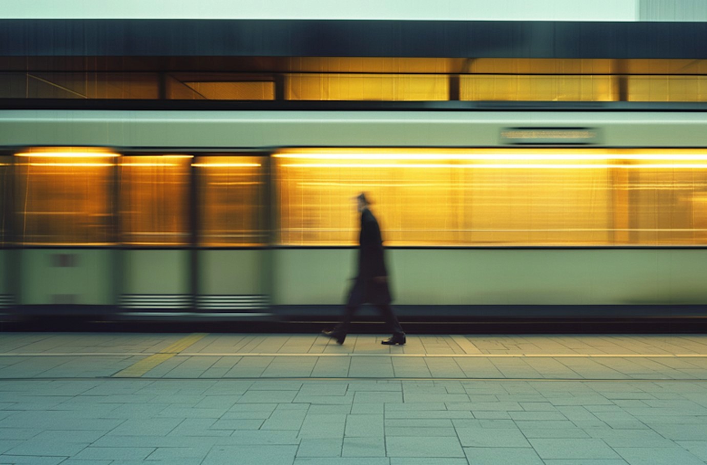 A person walks on a platform with a blurred train in motion behind them, capturing the dynamic essence of urban transit and speed.