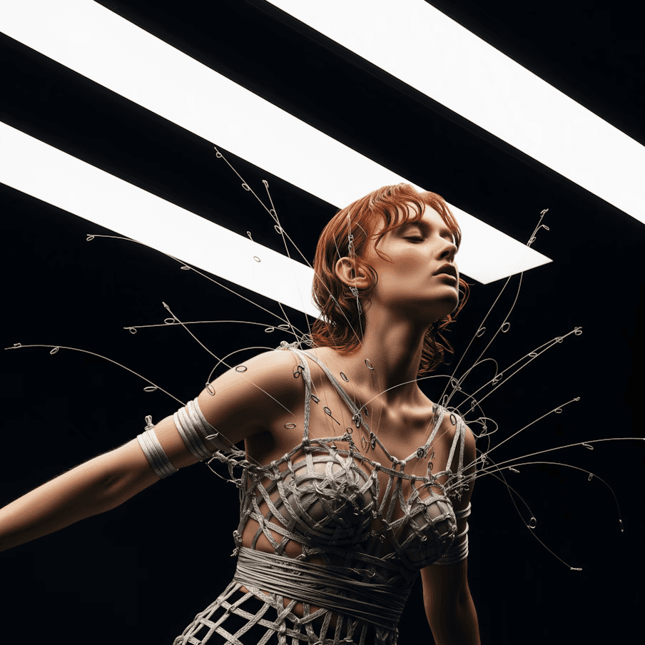 An ethereal portrait of a person in a white flowing garment, captured mid-motion with digital glitch effects and sparkling light particles dissolving into a bright, misty background.