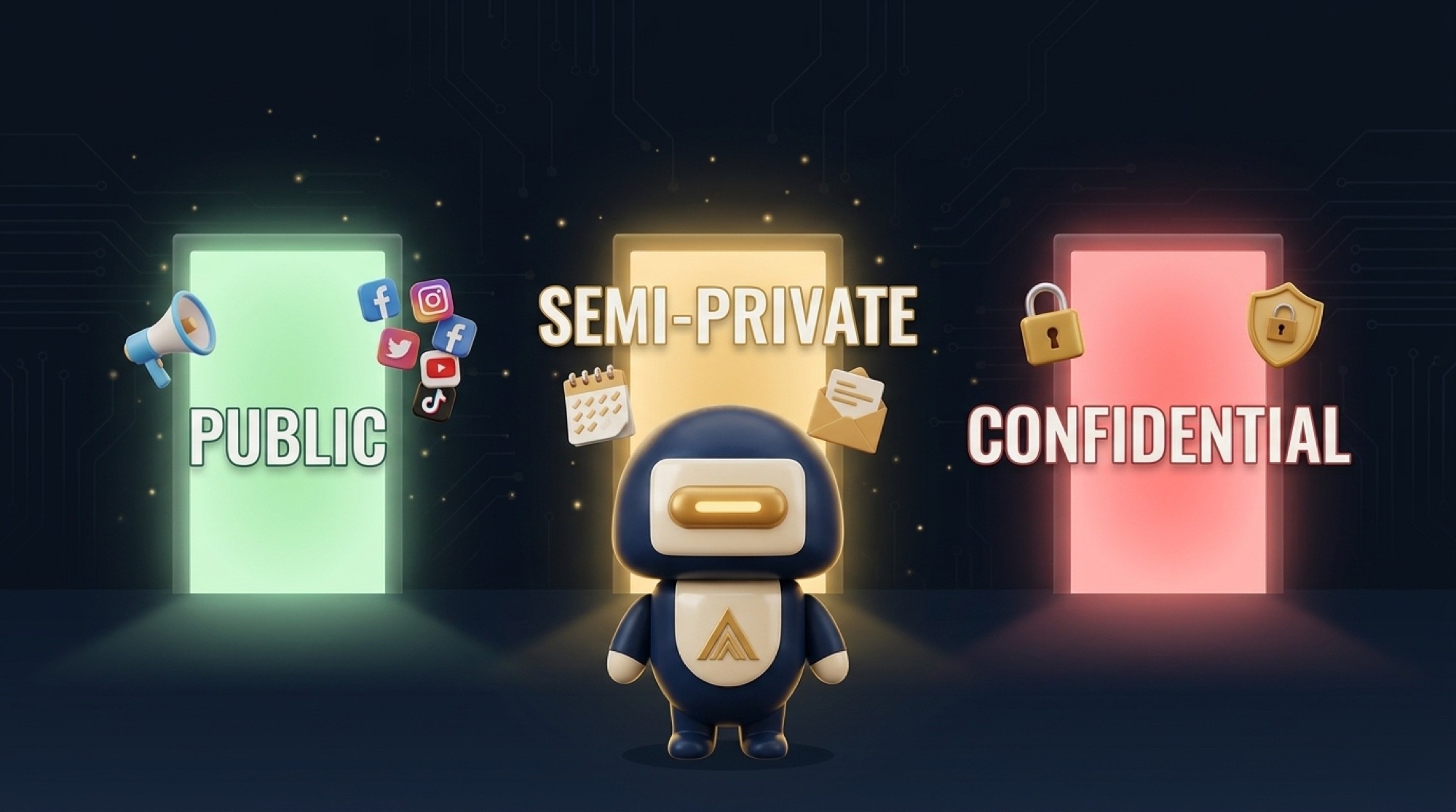 Bean character standing in front of three glowing doors labeled Public, Semi-Private, and Confidential