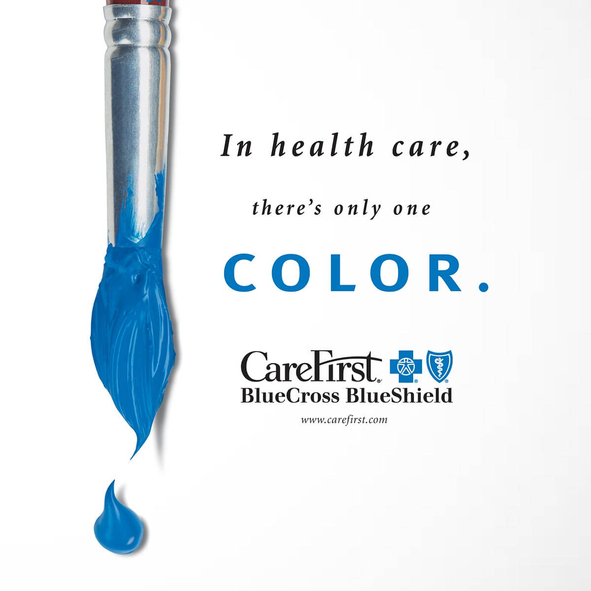 A paintbrush with blue paint next to the text: In health care, there's only one color. CareFirst BlueCross BlueShield.