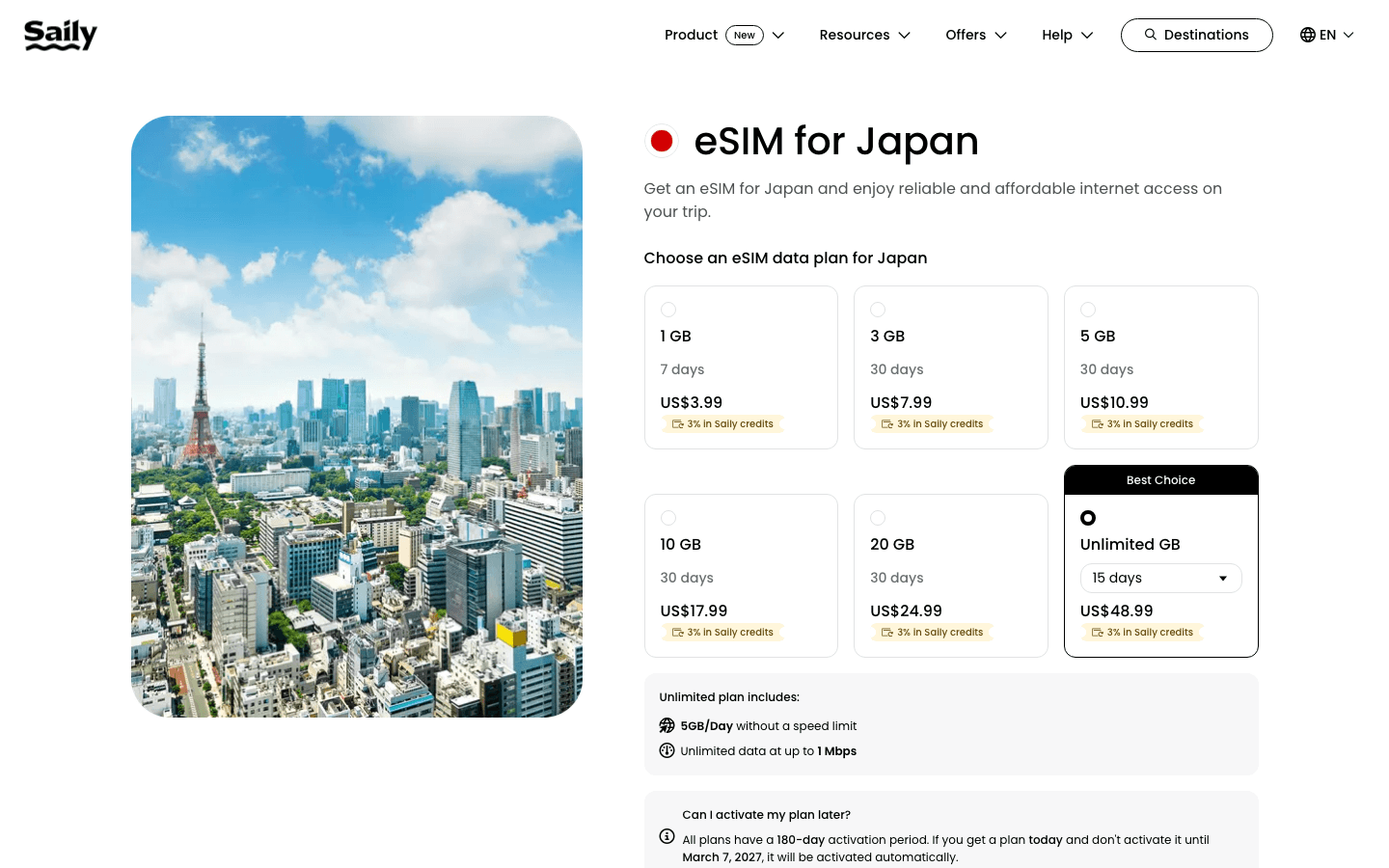 Saily Japan eSIM page showing fixed data plans and the unlimited option with a 5GB per day limit