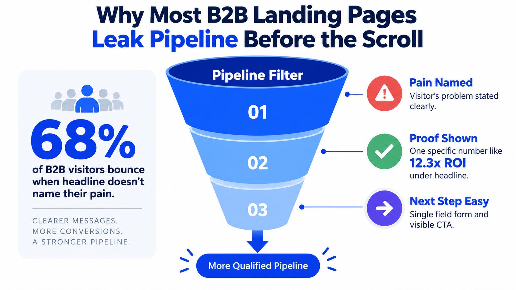 An infographic showing how to optimize B2B landing pages to reduce visitor bounce and increase qualified pipeline.