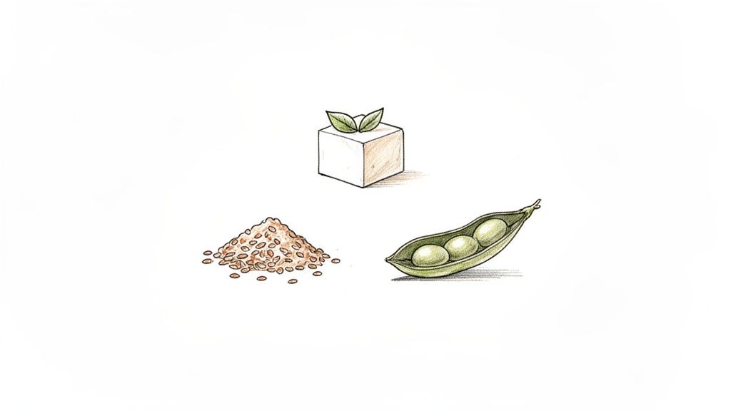 An illustration of a block of tofu, a pile of brown rice, and an open pea pod with three peas.