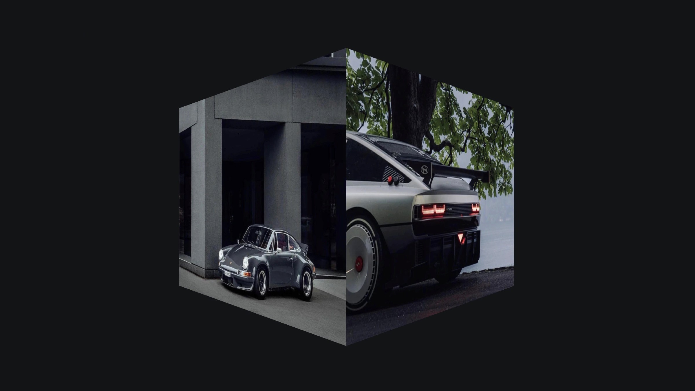 3D cube design featuring vintage and modern sports cars