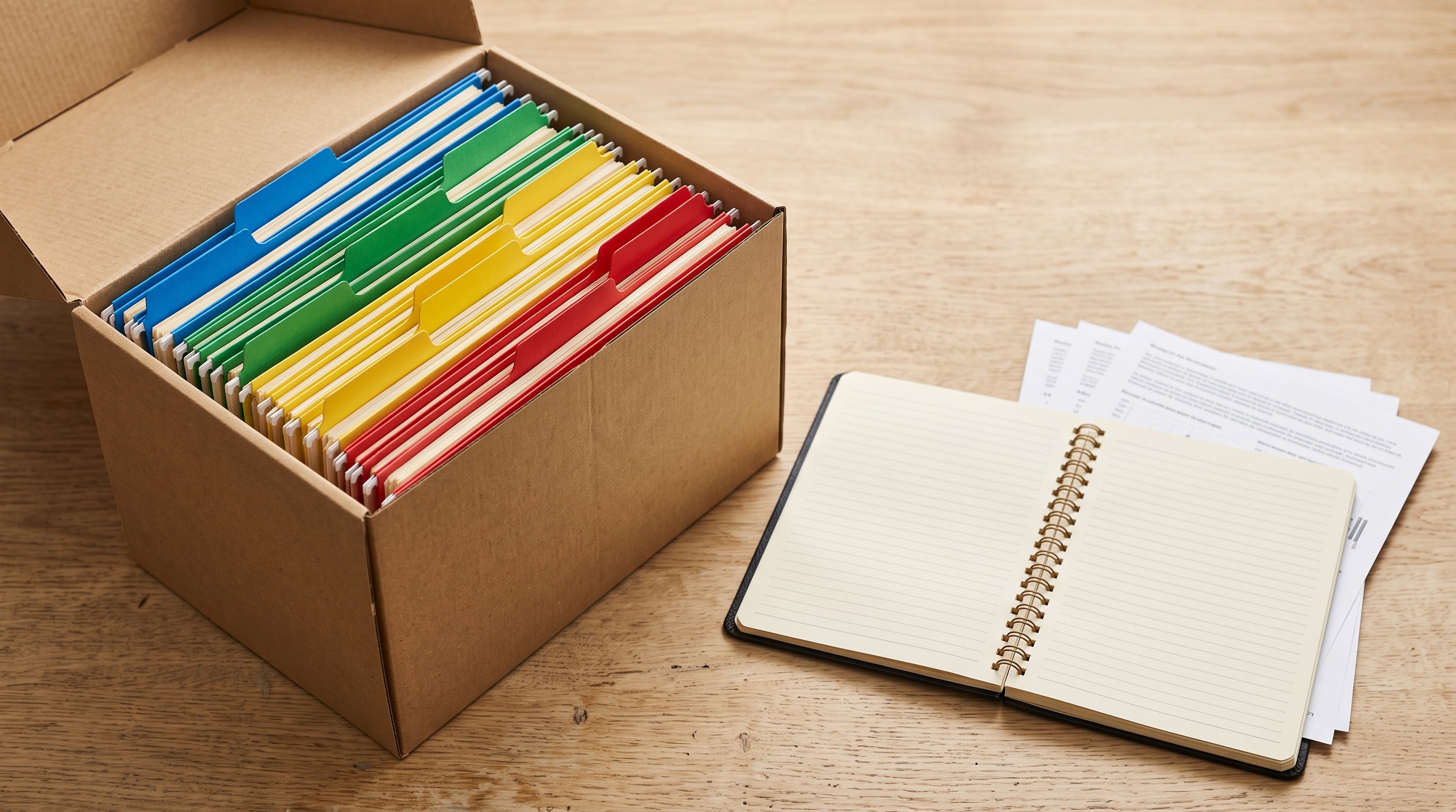 Archive box with colored folders and one open notebook