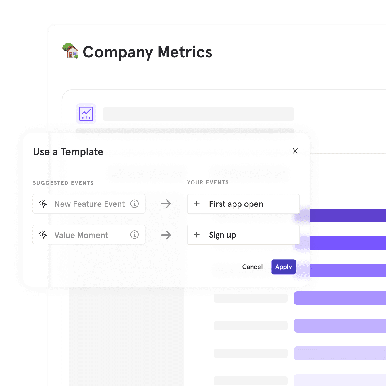 “Use a Template” dialog in the Mixpanel Company Metrics dashboard, matching suggested template events like New Feature Event and Value Moment to a project’s own events such as First app open and Sign up. The panel lets users quickly connect recommended metrics to their tracked events, with Cancel and Apply buttons to finalize the template setup.