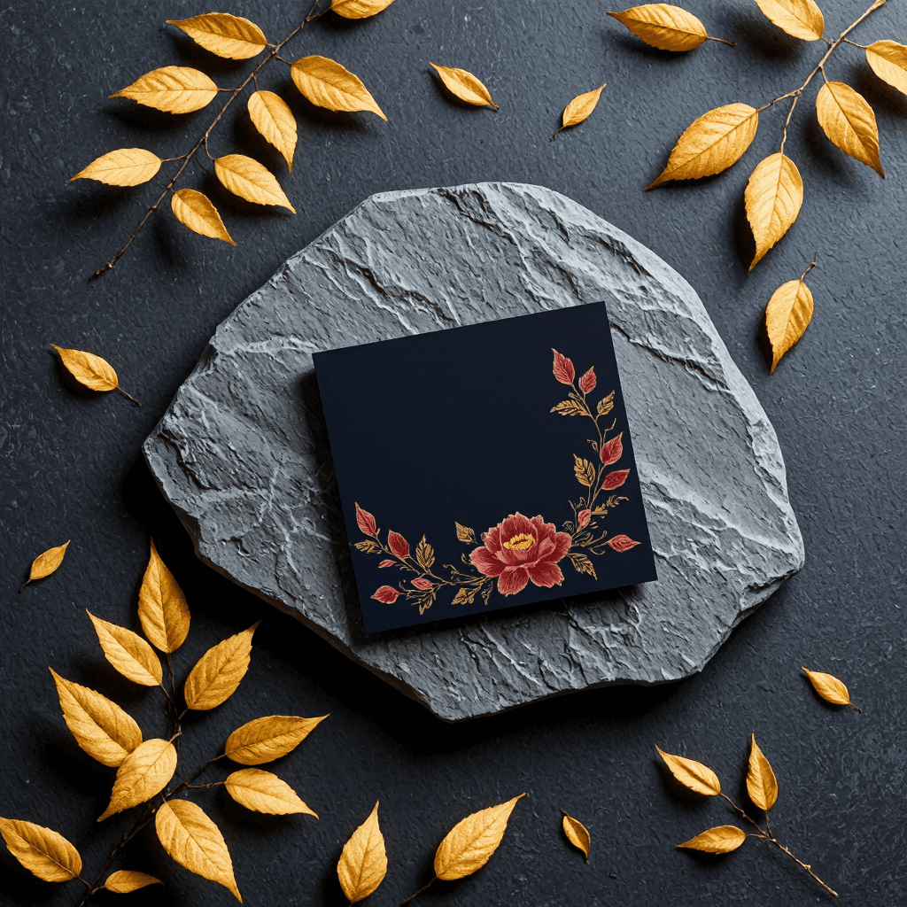 product photography of a decorative card with floral design