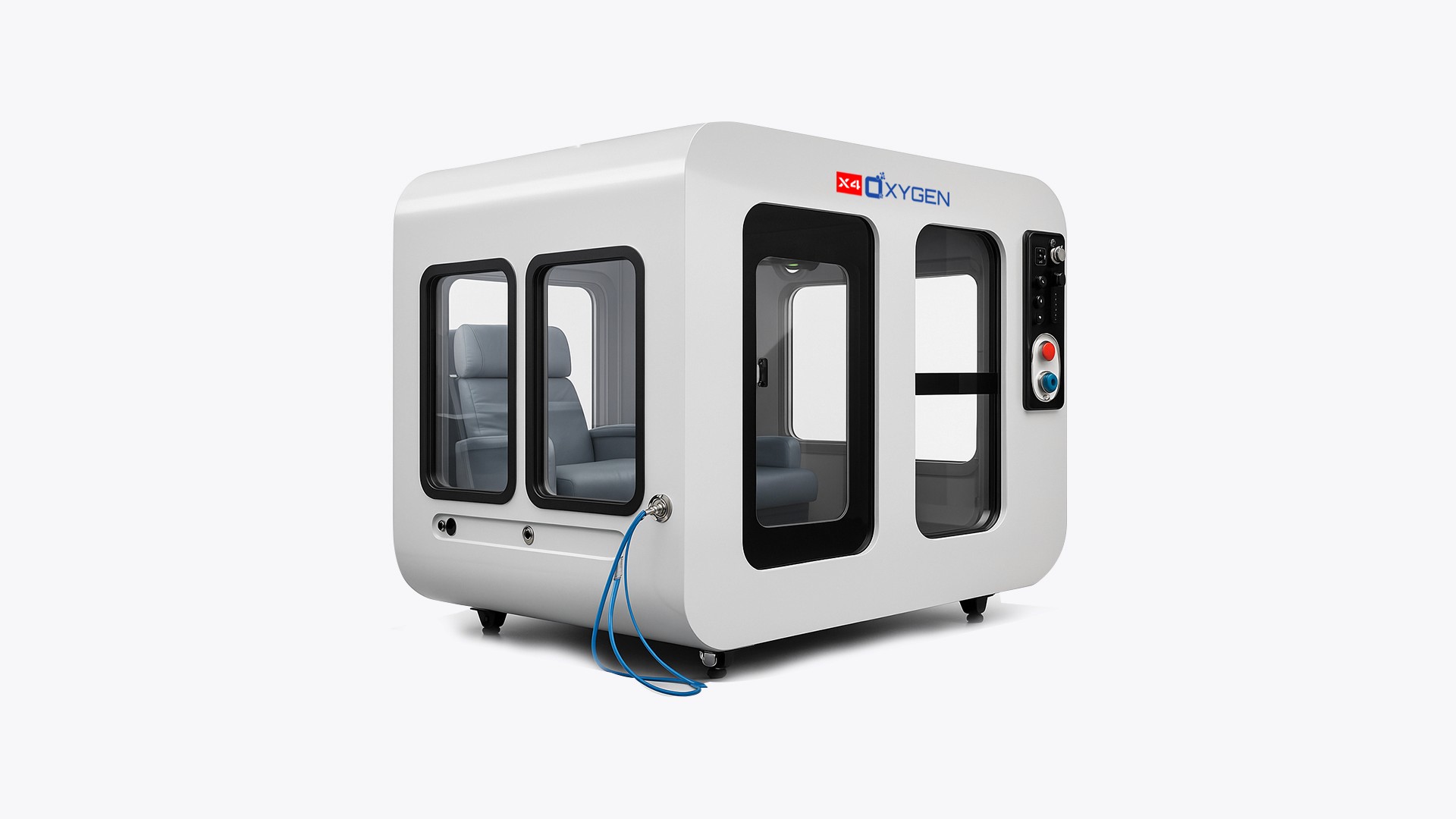 Begehbare Mehrpersonen-Druckkammer X250-20 von X4OXYGEN – Großräumige Kabine mit komfortablem Einstieg, mehreren Panorama-Sichtfenstern und externem Kontrollterminal für professionelle Gruppenanwendungen.