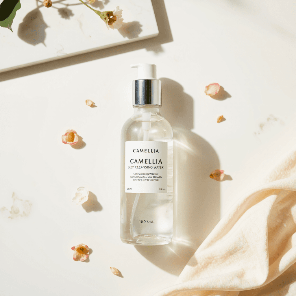 product photography of bottle of camellia deep cleansing water