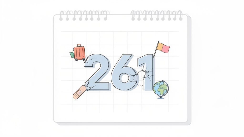 A calendar page displaying the number 261, cracked and surrounded by travel and recovery icons like a suitcase, flag, globe, and band-aid.