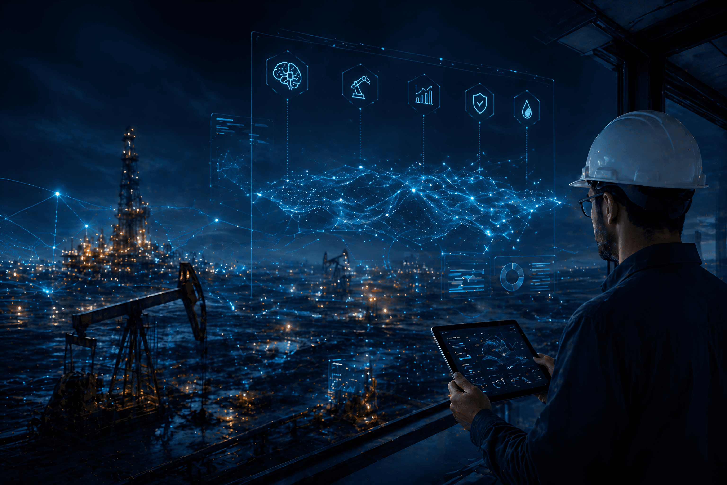 Engineer reviewing AI analytics on a tablet over a connected oil and gas operations network at night.