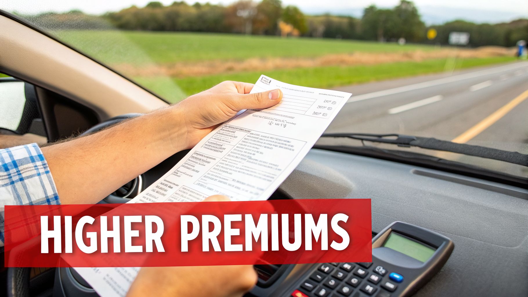 Driver's hands in a car holding a document, with a calculator and 'HIGHER PREMIUMS' text.