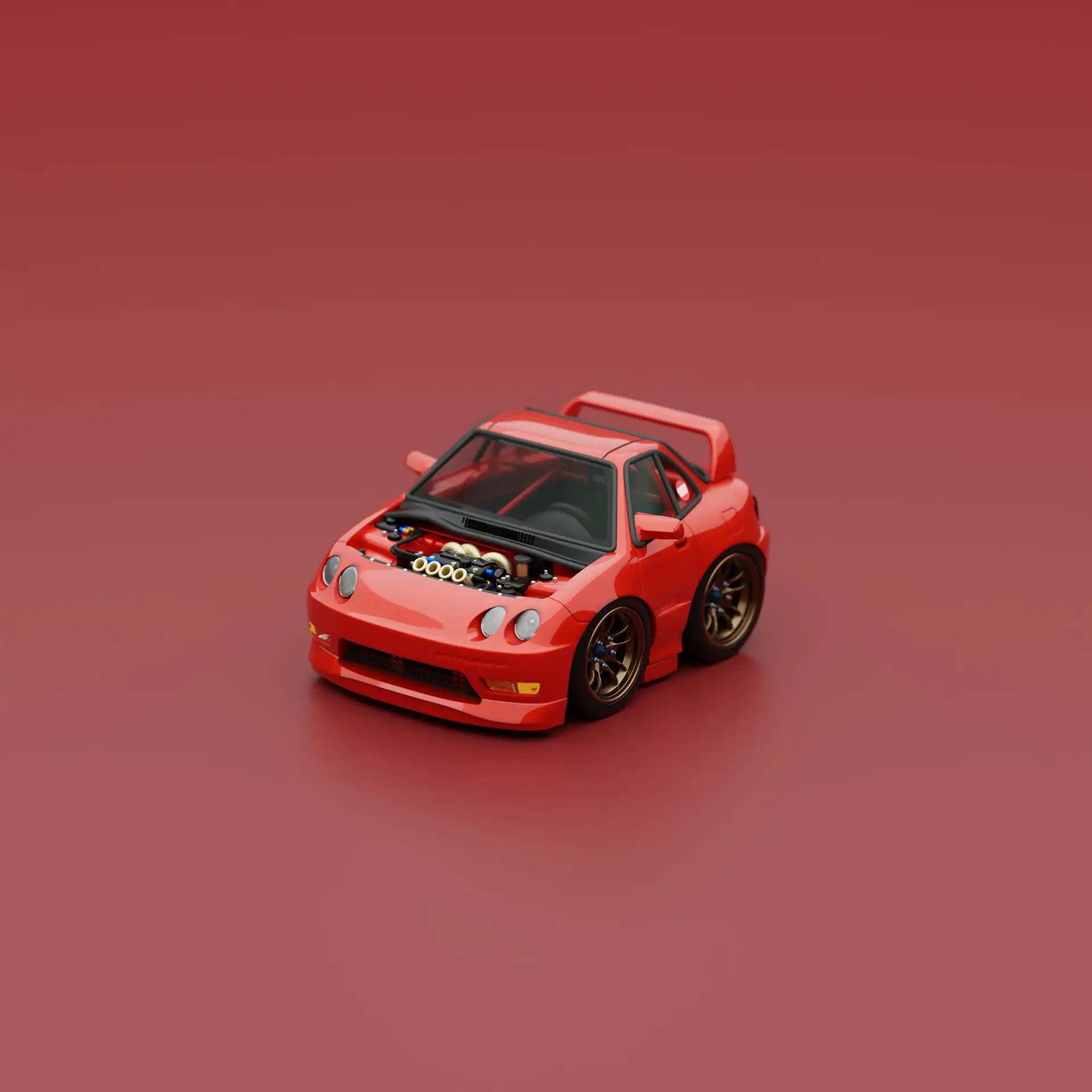 A digital rendering of a red sports coupe on a red background.