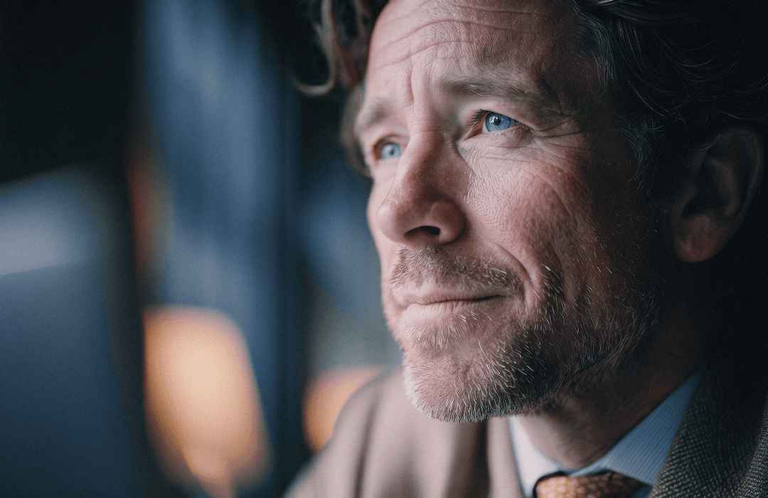 Close-up do rosto de um homem maduro com cabelos levemente grisalhos, olhando para cima com expressão de esperança e serenidade.