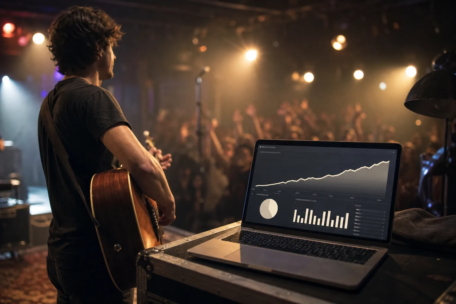 A realistic photo of a musician holding a guitar on stage while a digital dashboard shows streaming numbers, illustrating