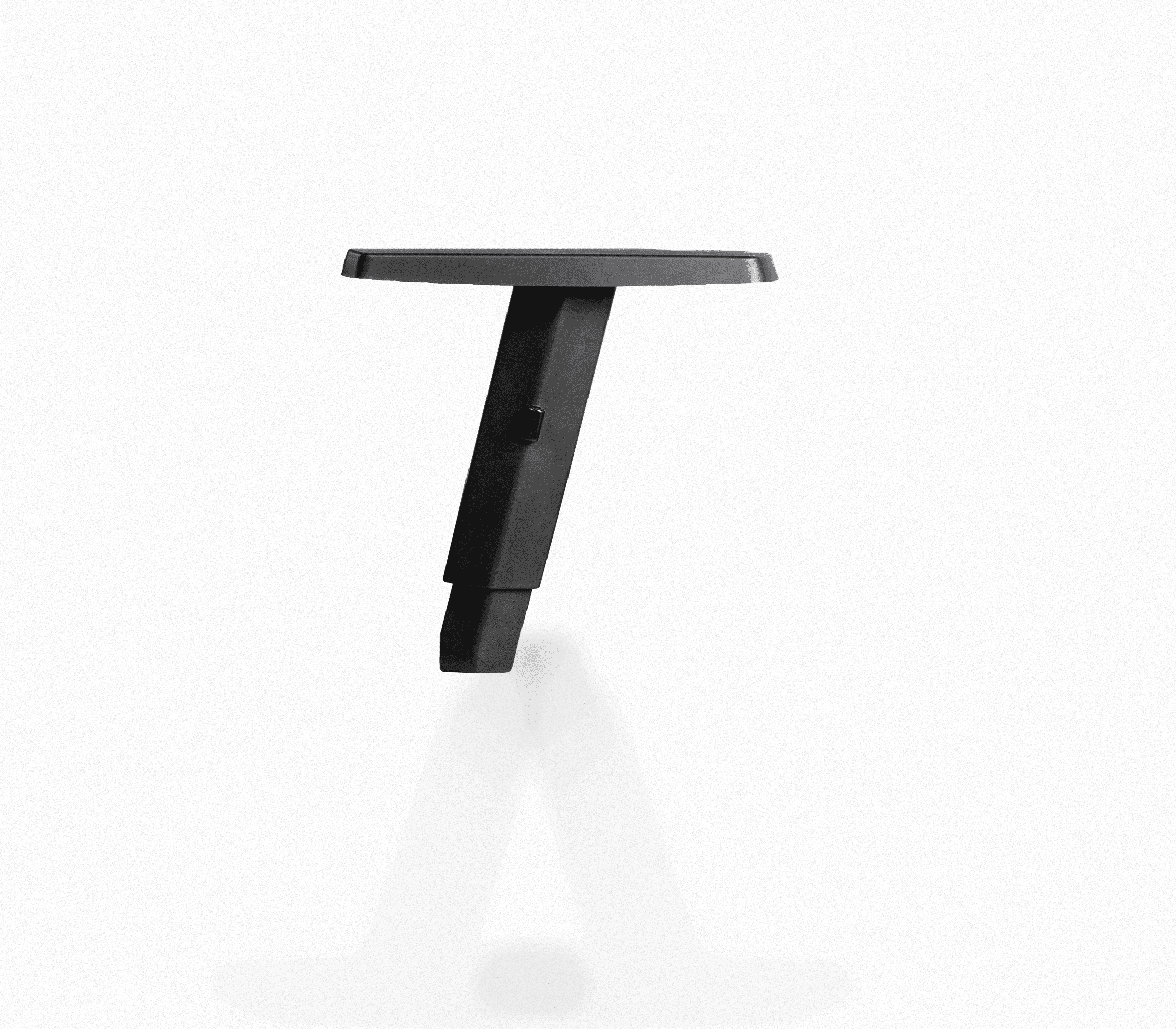 A simple black letter "T" shaped object on a white background, casting a subtle shadow. Braço de cadeira