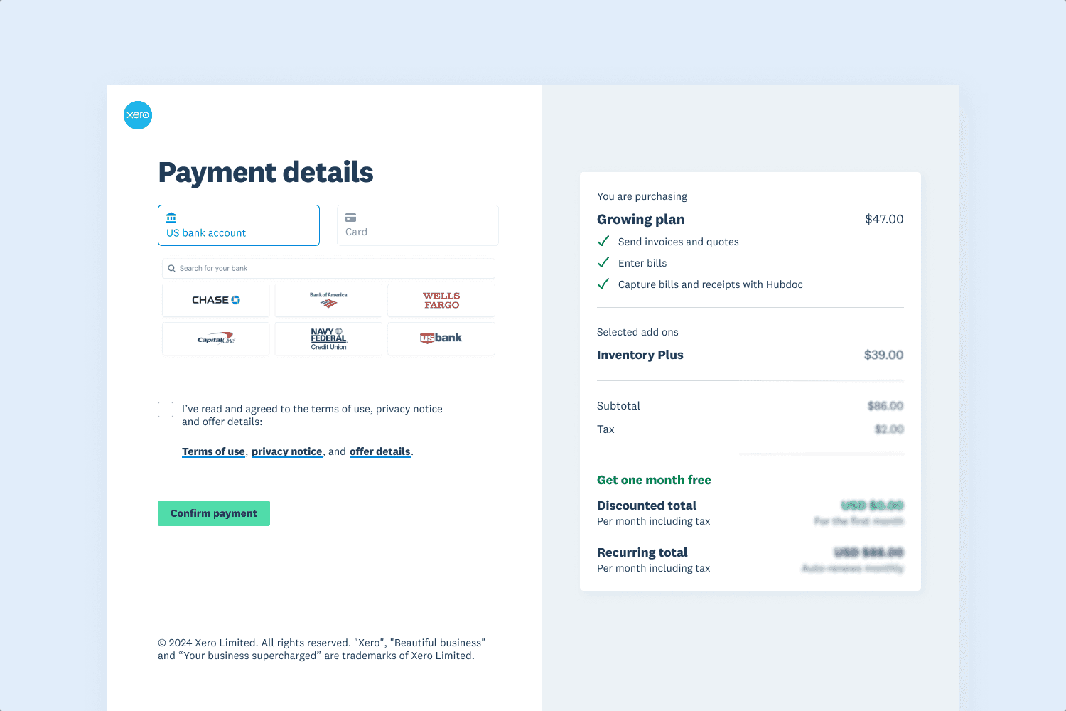Web checkout interface with payment details form and pricing summary.