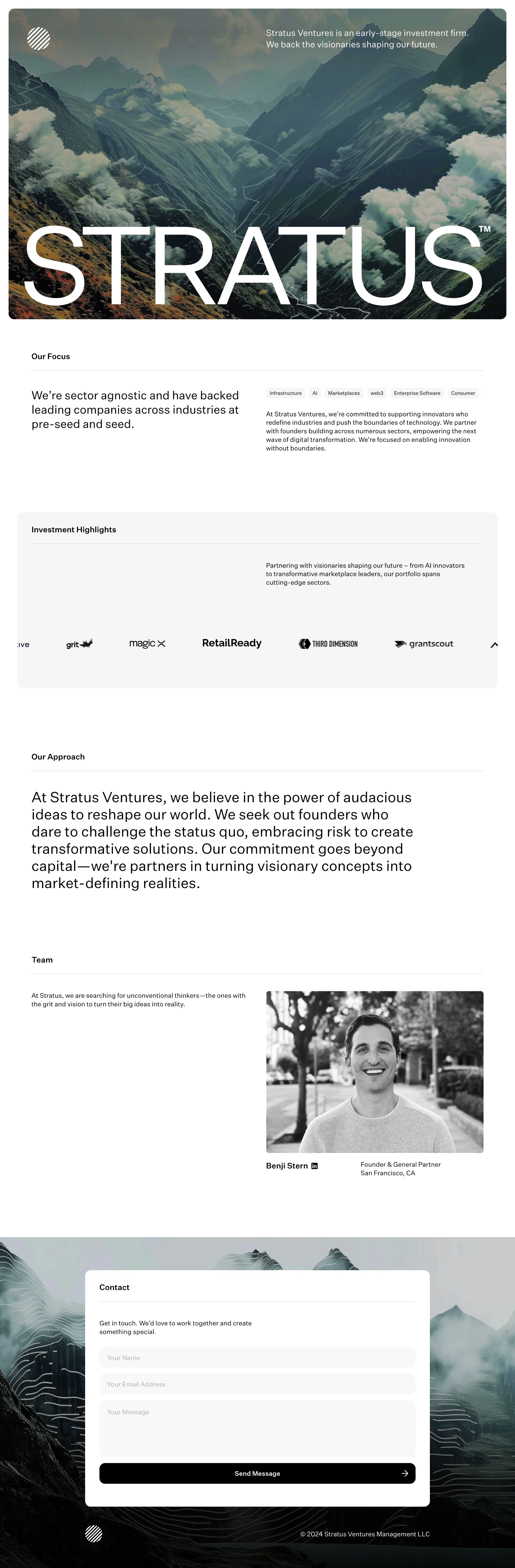 Stratus Ventures landing page screenshot showcasing Finance design