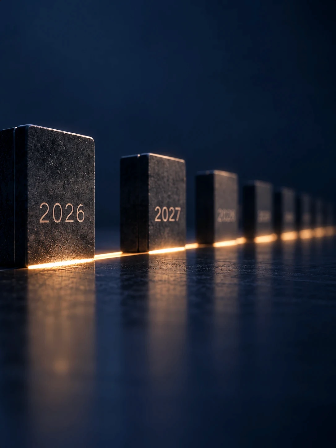 Stenen blokken met de jaartallen 2026 en 2027, als tijdlijn van deadlines
