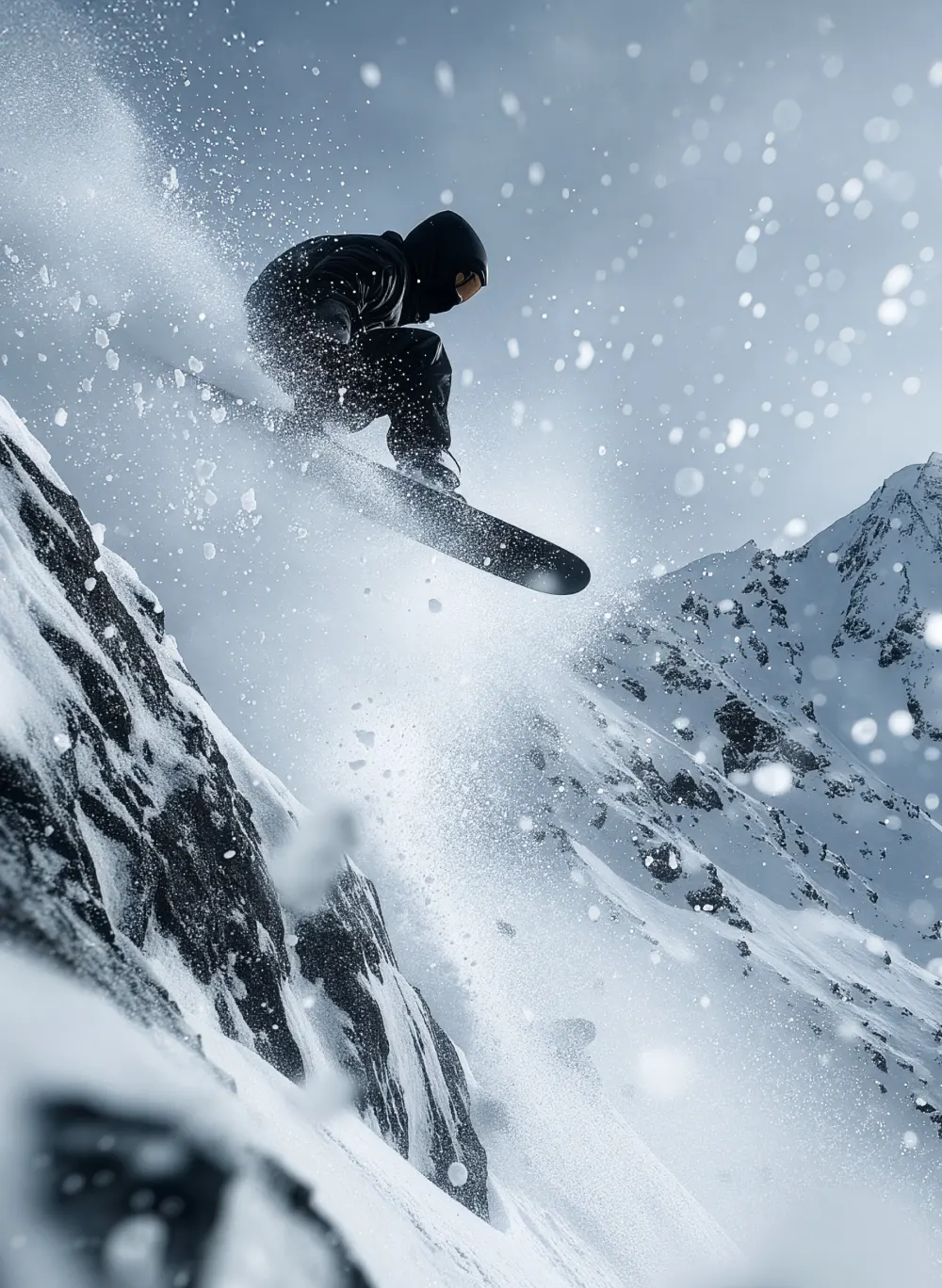 Snowboarder riding down a snowy mountain slope with snow spraying into the air