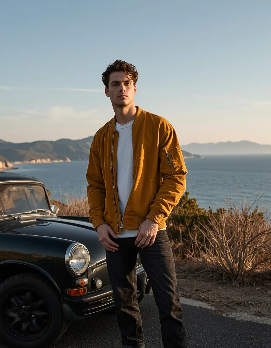 Man in mustard bomber jacket next to vintage car overlooking coastal landscape at golden hour