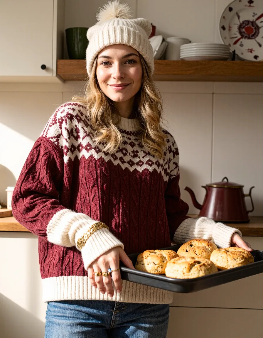 Woman in burgundy Fair Isle sweater and beanie holding tray of fresh baked goods in cozy kitchen