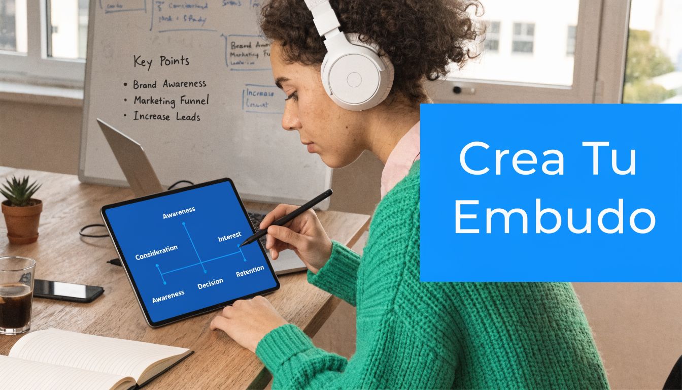 Una mujer joven con auriculares estudia embudos de marketing en una tableta digital mientras está sentada trabajando.