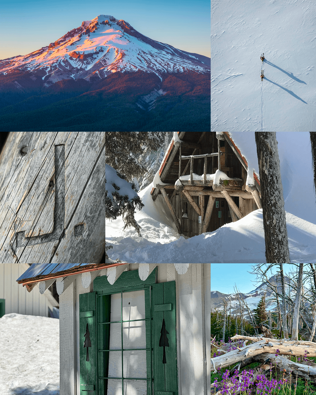 Present day context images of Mt. Hood, the Cabins, and surrounding area