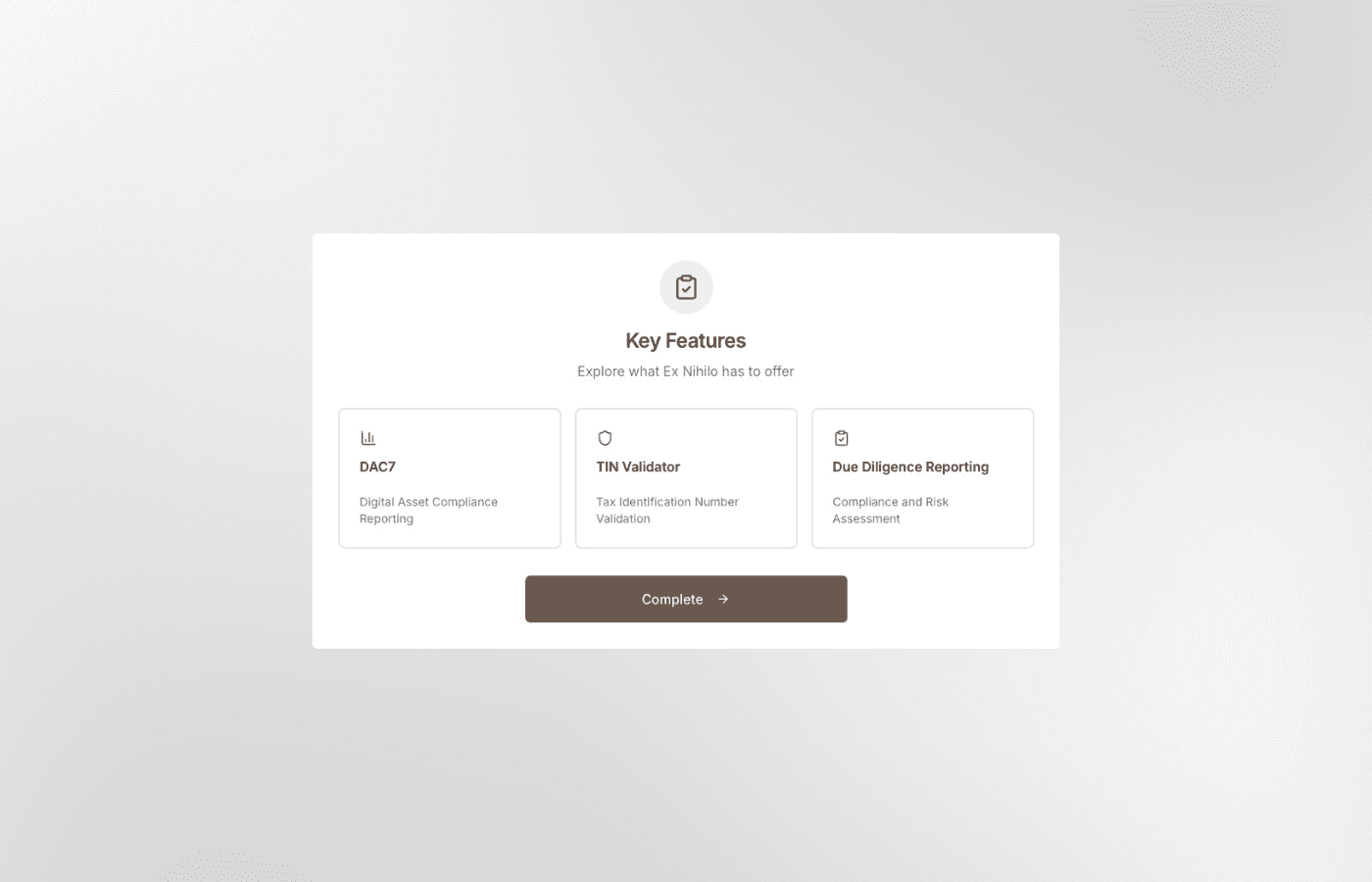 Ex Nihilo DAC7-X platform met drie kernfuncties: DAC7-rapportage, TIN Validator en Due Diligence Reporting